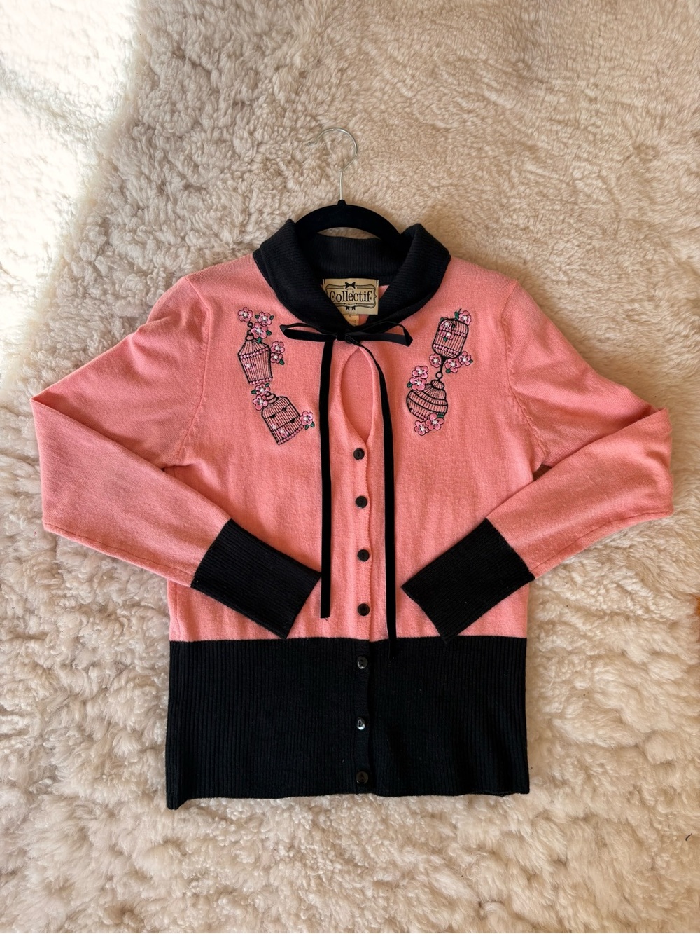 Collectif Pink and Black Embroidered Bow-Front Keyhole Cardigan